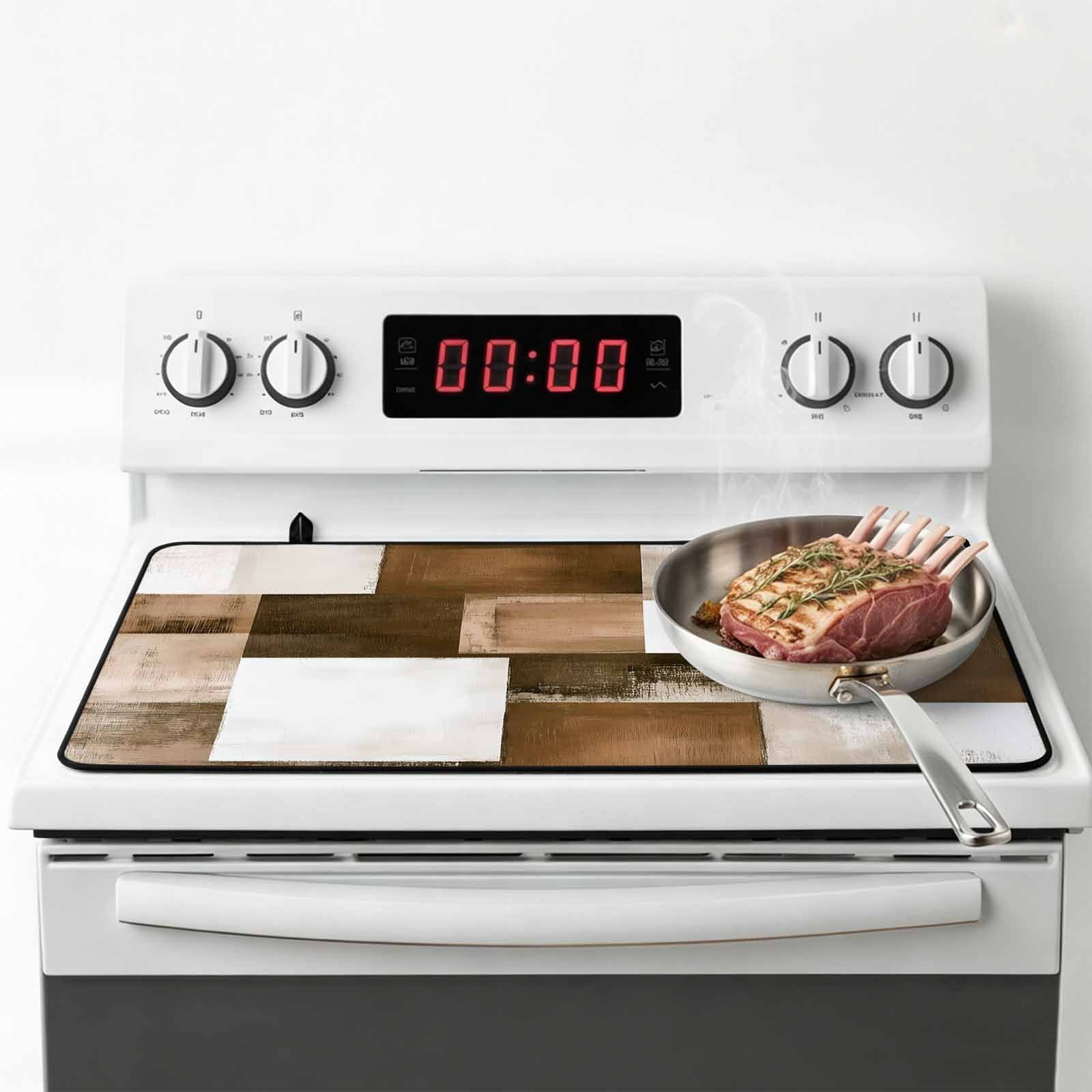 Brown Geometric Stove Top Cover for Electric Stove, Heat-proof & Non Slip Glass Top Stove Cover Protector, Vintage Oil Painting Contemporary Kitchen Flat Cooktop Rubber Mat 24x21 Inches