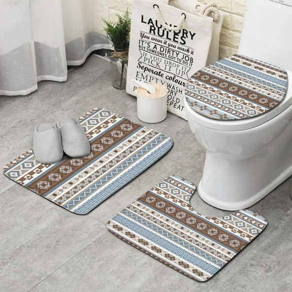 Brown Geometric Striped Pattern Bathroom Rugs Sets 3 Piece,Toilet Cover Set,Absorbent Non Slip Bathroom Mats Sets with U-Shaped Contour Rug Toilet Rug Set