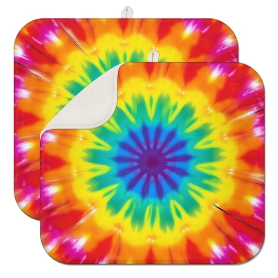 Rainbow Tie Dye Mandala Pattern Dish Drying Mat for Kitchen 1 Pack, Ultra Absorbent Microfiber Dishes Drainer Mats,16"x18"