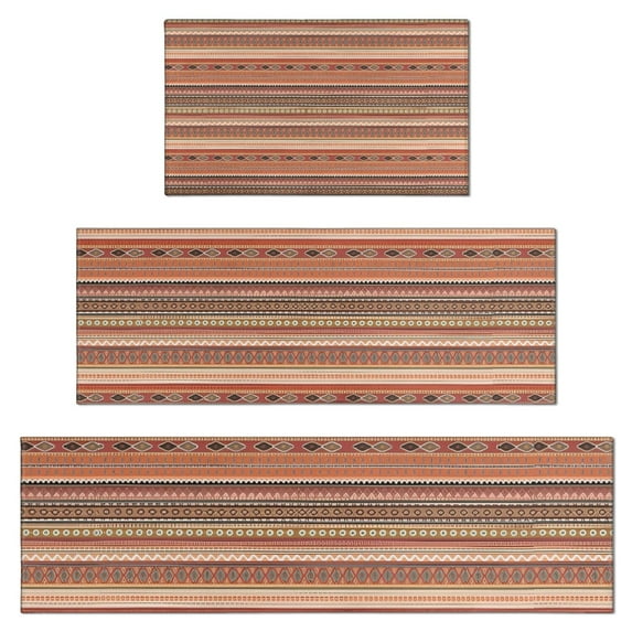 Brown Geometric Striped Pattern Kitchen Rugs Sets Of 3,Kitchen Runner Rugs Non Skid Washable,Decorative Kitchen Floor Mats for Kitchen,Sink,Laundry,17"x30"+ 17"x47" + 17"x59"
