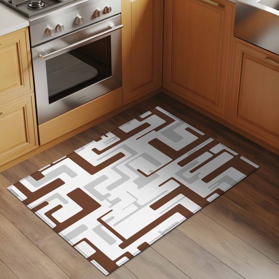 Brown Geometric Stripes 2x3 Rug for Entryway Front Door Kitchen Sink Area, Modern Abstract Lines Maze Low Pile Washable Non Slip Rectangle Area Rug