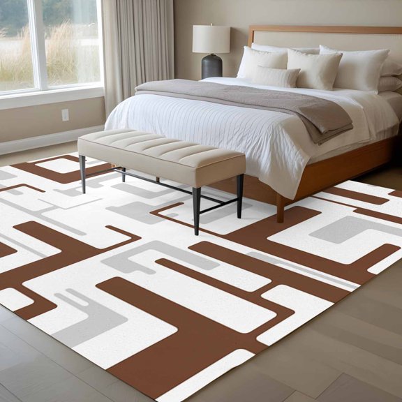 Brown Geometric Stripes 6x9 Rug for Dining Room Table and Chair Setup, Modern Abstract Lines Maze Low Pile Washable Non Slip Rectangle Area Rug