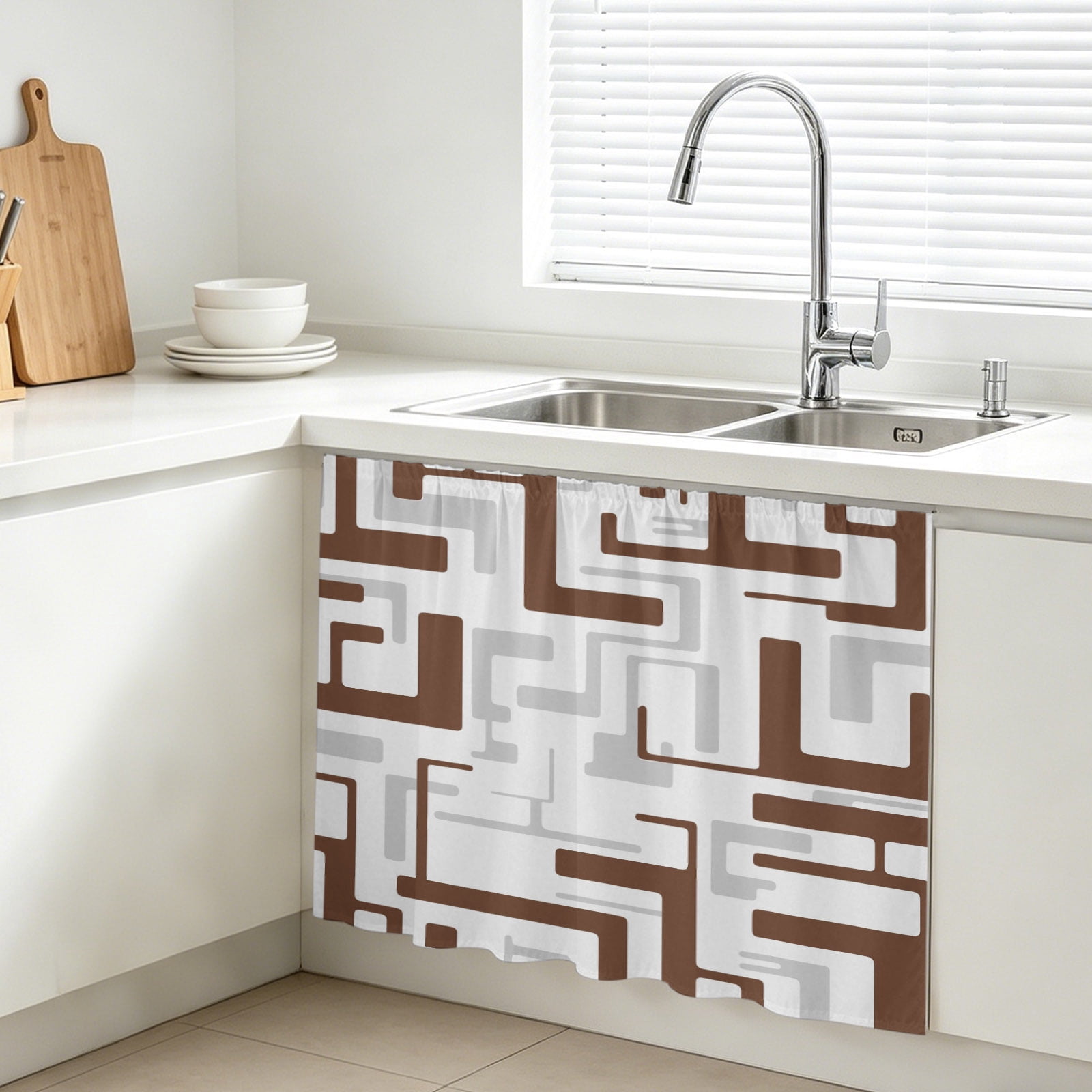 Brown Geometric Stripes Cabinet Curtains for Kitchen 10