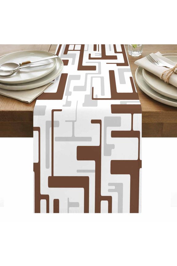 Brown Geometric Stripes Cotton Linen Table Runner Modern Abstract Lines Maze Dining Table Runners for Home Decor Party Dining Room Restaurant Kitchen Party 13" x 48"