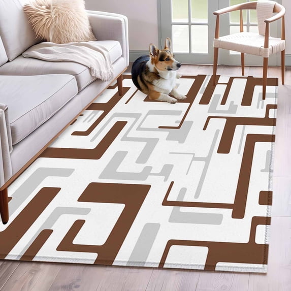 Brown Geometric Stripes Washable Area Rugs 2.7'x5', Modern Abstract Lines Maze Low Pile Throw Living Room Rug Non-Slip Sturdy Edge Binding Carpet for Indoor Entryway Bedside Kitchen