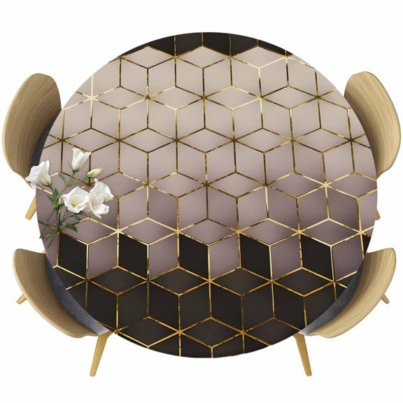 Brown Geometric Table Cloth, Round Fitted Tablecloths with Elastic Edge, Gradient Black Gold Mottled Comb Grid Wipeable Waterproof Table Cover for Kitchen Wedding 55-60 Inches