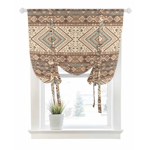 Brown Geometric Tie Up Curtains for Window, Thermal Insulated Balloon Shade Adjustable Rod Pocket Curtains Valance Panels for Kitchen Bathroom Cafe 42 x 54 Modern Ethnic Southwest Vintage