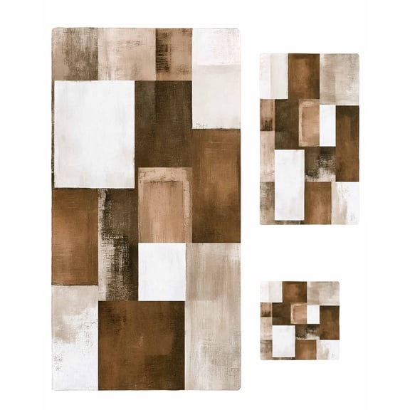 Brown Geometric Towel Set of 3, Soft Microfiber Bath Towels, Hand Towel, Washcloths, Vintage Oil Painting Contemporary Quick-Dry Absorbent Towels for Bathroom Kitchen Hotel Beach Gym Spa