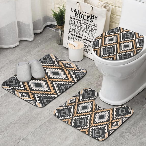 Brown Geometric Triangle Diamond Pattern Bathroom Rugs Sets 3 Piece,Toilet Cover Set,Absorbent Non Slip Bathroom Mats Sets with U-Shaped Contour Rug Toilet Rug Set