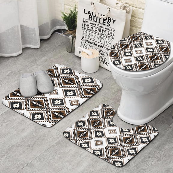 Brown Geometric Triangle Diamond Pattern Bathroom Rugs Sets 3 Piece,Toilet Cover Set,Absorbent Non Slip Bathroom Mats Sets with U-Shaped Contour Rug Toilet Rug Set