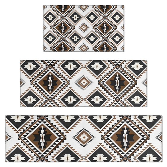 Brown Geometric Triangle Diamond Pattern Kitchen Rugs Sets Of 3,Kitchen Runner Rugs Non Skid Washable,Decorative Kitchen Floor Mats for Kitchen,Sink,Laundry,17"x30"+ 17"x47" + 17"x59"
