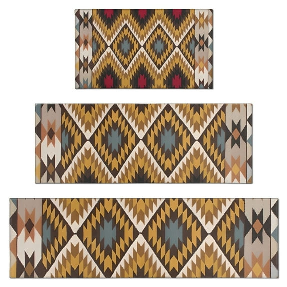 Brown Geometric Triangle Diamond Pattern Kitchen Rugs Sets Of 3,Kitchen Runner Rugs Non Skid Washable,Decorative Kitchen Floor Mats for Kitchen,Sink,Laundry,17"x30"+ 17"x47" + 17"x59"