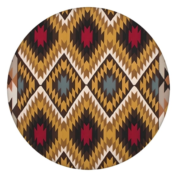 Brown Geometric Triangle Diamond Pattern Round Fitted Tablecloth with Elastic Edge,Dining Table Cover Waterproof,Outdoor Round Tablecloth for Camping,Dining,Indoor and Outdoor