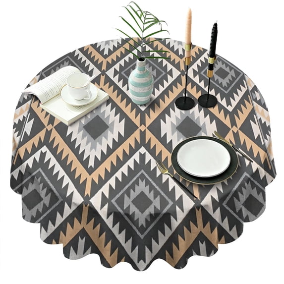 Brown Geometric Triangle Diamond Pattern Round Tablecloth 60"x60",Wrinkle Wipeable Table Cloth for Kitchen Dining Room Picnic Patio Party