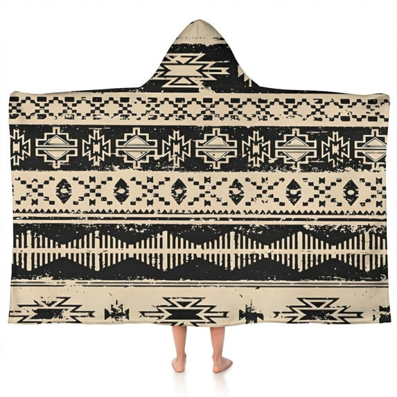 Brown Geometric Triangle Square Pattern Hooded Bath Towel,50"x30" for Ages 3 To 12 Kids, Quick Dry Lightweight Soft Microfiber Hood Beach Towel Cover Up for Kids