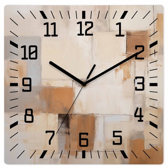 Brown Geometric Wooden Wall Clock Silent Non Ticking, Modern Oil Painting Abstract Square Wall Clocks Battery Operated, Decor Clock for Home Office, Living Room, Kitchen, 12 Inch