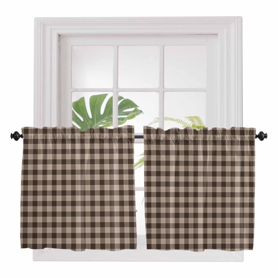 Brown Gingham 2 Panel Kitchen Curtains for Small Windows, Farmhouse Buffalo Plaid Checkered Bathroom Tier Curtain, Short Window Treatment for Bedroom/Living Room 55"x24"