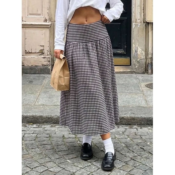 Brown Gingham A-Line High Waist Maxi Skirt Women Casual Flowing Skirt