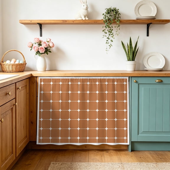 Brown Gingham Cabinet Curtains 10" W x 11" L Modern Minimalist White Line Grid Points Checkered Waterproof Adhesive Kitchen Under Sink Curtain Dust-Proof Dishwasher Skirt for Closet
