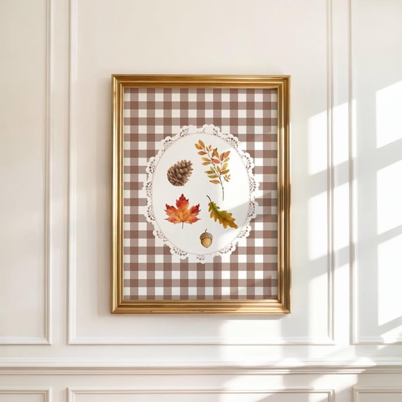 Brown Gingham Fall Print, Fall Nature Walk Print, Fall Art , Fall Leaves Print, Fall Botanical Print, Cottagecore Fall Art Print Home Decor #658, Unframed Canvas Size 16x24