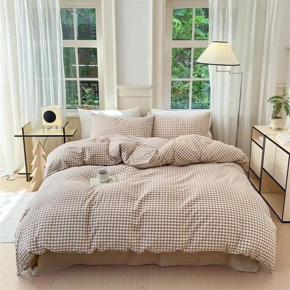 Brown Gingham Queen Size Bedding Set, Tan White Plaid Checkered 3 Pieces All Season Dorm Bedding