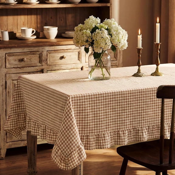 Brown Gingham Ruffled Tablecloth 70 x 52 Inches Rectangle Cotton Linen Checkered Table Cloth Buffalo Plaid Farmhouse Vintage Decorative Tablecover for Picnic Kitchen Dining Room Home Party