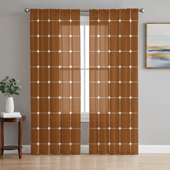 Brown Gingham Sheer Curtains 63 Inches Long, Modern Minimalist Geometric Plaid Light Filtering Window Curtains for Living Room/Bedroom, Rod Pocket Voile Sheer Curtain Drapes, 52"W x 63"L, 2 Panels