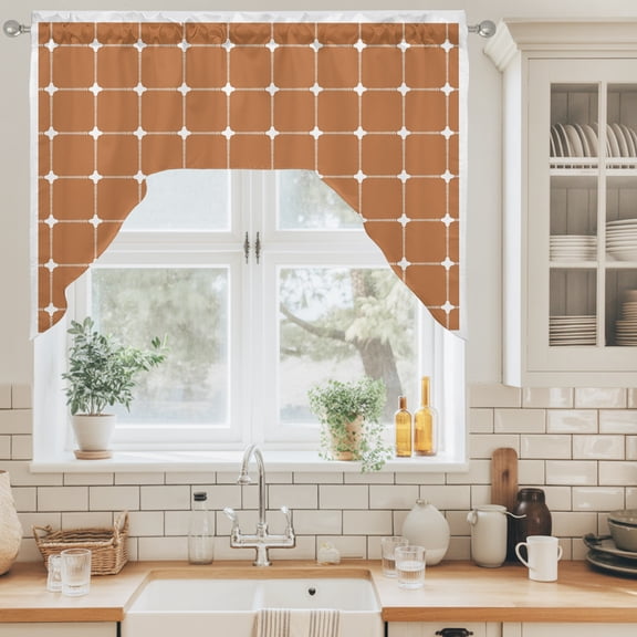Brown Gingham Swag Valance for Windows, Modern Minimalist White Line Grid Points Checkered Swag Curtains Valances for Small Window Treatment Rod Pocket for Kitchen Bathroom 1 Panel 56x36in