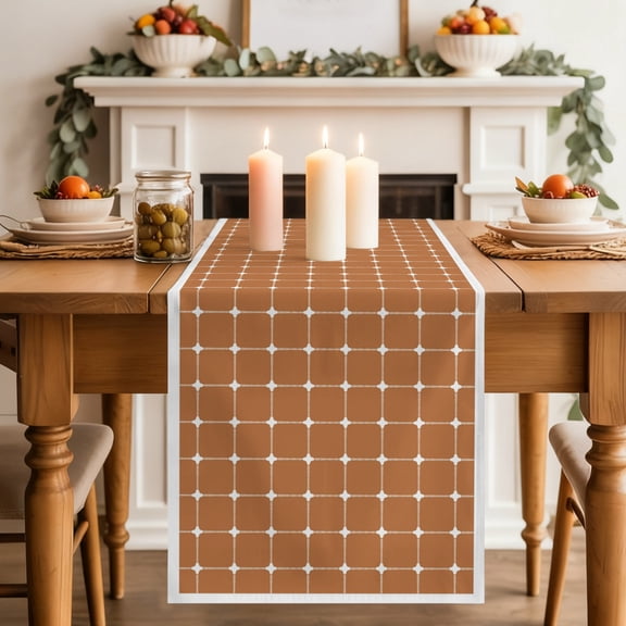 Brown Gingham Table Runner 13x36 Inch Modern Minimalist White Line Grid Points Checkered Cotton Linen Dining Table Runner Ideal for Dresser Kitchen Coffee Tables - Machine Washable