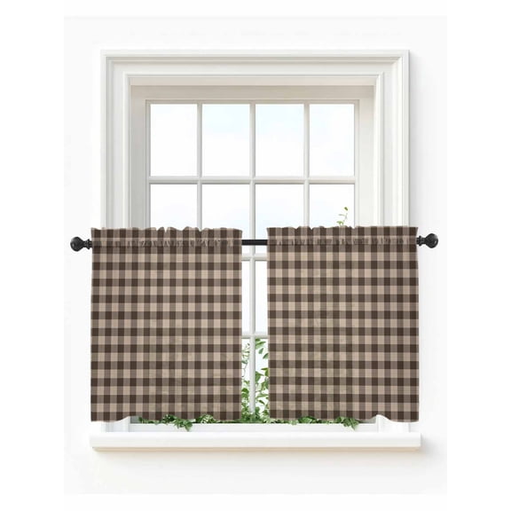 Brown Gingham Tier Curtains 36 Inch Length,Sheer Curtains for Bedroom Living Room Window Farmhouse Buffalo Plaid Checkered Rod Pocket Drapes Kitchen Curtains Small Half Window 27.5"x36" 2 Panels