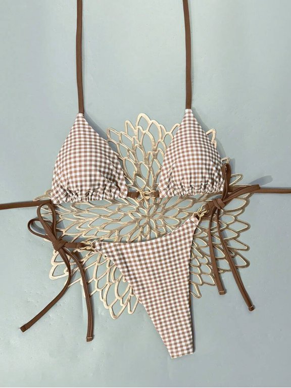 Brown Gingham Triangle Bikini Set With Spaghetti Straps And Tie-Side Bottom