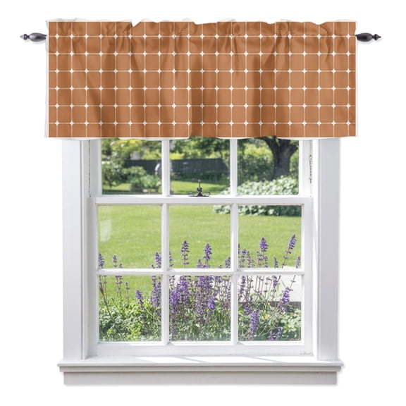 Brown Gingham Valances for Windows, Modern Minimalist White Line Grid Points Checkered Rod Pocket Valance Short Window Treatments Curtains for Kitchen Bathroom Bedroom Decor, 42 x 12 Inches