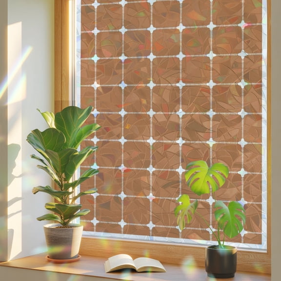 Brown Gingham Window Privacy Film, Modern Minimalist White Line Grid Points Checkered Stained Glass Rainbow Film Decorative Window Clings, Static Cling Sun Blocking Stickers 17.7" x 39.3"