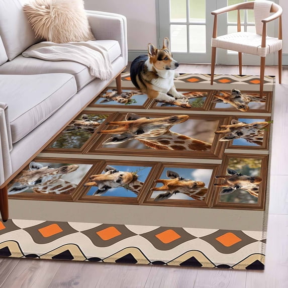 Brown Giraffe Area Rug 4'x6', Wildlife Animals Vintage Geometric Washable Non-Slip Rugs, Low Pile Large Carpet for Living Room Bedroom Dining Room Kitchen Office Indoor Mat