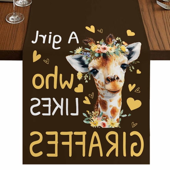 Brown Giraffe Burlap Cotton Table Runner 13x48 Inches Long, Love Heart Spring Floral Botanical Farmhouse Table Runners, Outdoor Dining Tablecloths Decor for Baby Shower/Party/Wedding