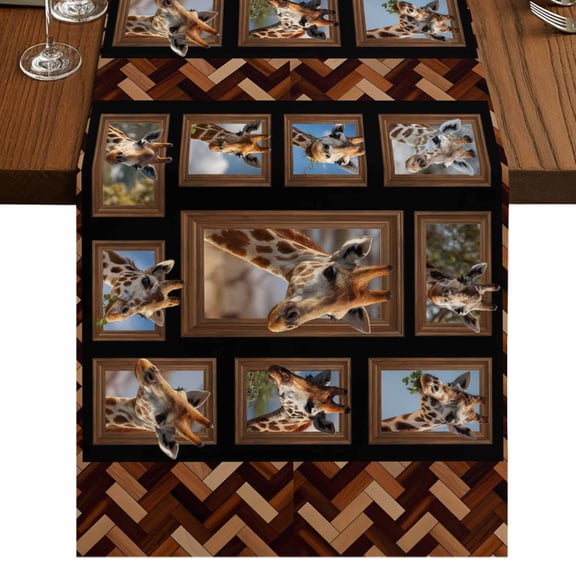 Brown Giraffe Burlap Cotton Table Runner 13x48 Inches Long, Wildlife Animals Farmhouse Wood Plank Farmhouse Table Runners, Outdoor Dining Tablecloths Decor for Baby Shower/Party/Wedding