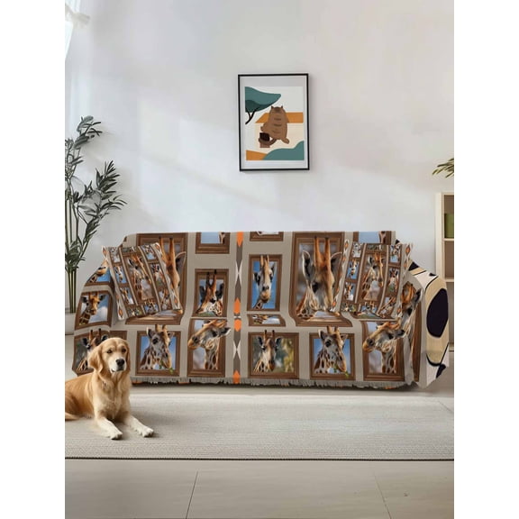 Brown Giraffe Couch Cover, Wildlife Animals Vintage Geometric Sofa Cover Blanket for Loveseat Couches, Sectional Sofa Slipcover Furniture Protector for Living Room Bedroom 71''x118''