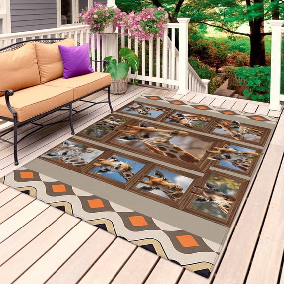 Brown Giraffe Outdoor Rug 3x5 Ft, Non Slip Washable Area Rug, Wildlife Animals Vintage Geometric Patio Rugs Carpet Runner, Large Floor Mat for Indoor/Outdoor Deck Porch Camping