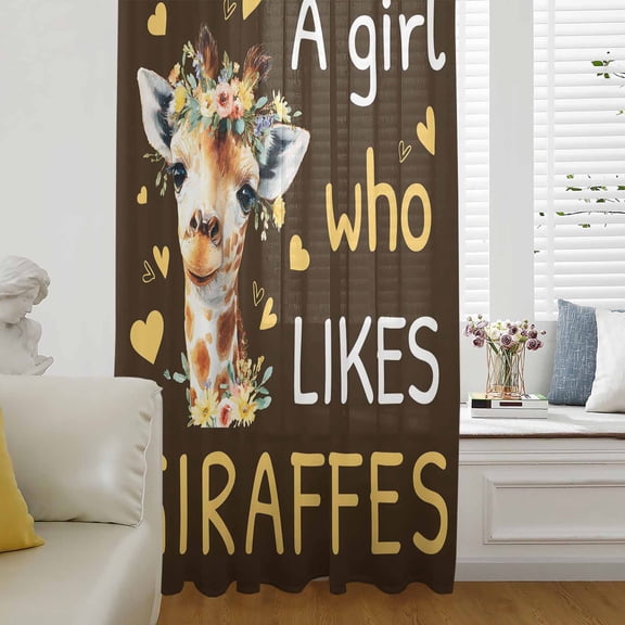 Brown Giraffe Sheer Curtains 45 Inches Long for Living Room/Bedroom, Love Heart Spring Floral Botanical Rod Pocket Voile Kitchen Curtains & Drapes Window Treatment 1 Panel, 52"W x 45"L