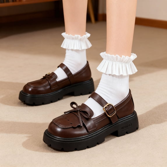 Brown Girls Platform Mary Janes Chunky Sole School Shoes for Kids Adjustable Buckle Strap Round Toe Casual Comfortable Shoes,Size 8.5-9T