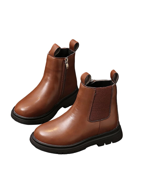 Brown Girls Warm Winter Footwear With Faux Leather Material, Soft Lining For Daily Use, Casual Fashion, With Comfortable Fit And Sturdy Sole