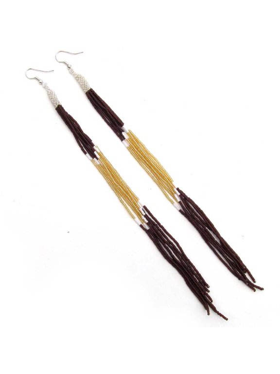 Brown Glass Seed Beads Beaded Extra Long Earrings 8 Inch Handmade