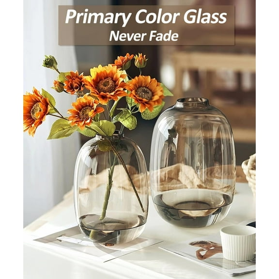 Brown Glass Vase Round Clear Colored Flower Vase for Centerpiece Long Stem Branch Fresh Artificial Plant Bottle Modern Home Indoor Decoration (Brown)