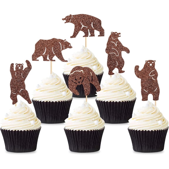 Brown Glitter Bear Silhouette Cupcake Toppers, 12 Pack Woodland Party Picks, Bear Themed Birthday or Baby Shower Cake Decor Supplies