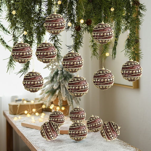 Brown Glitter Foam Christmas Ball, 3.15 inch Vintage Coffee‑Tone Beaded Xmas Hanging Ornament, Sequined Foam Bauble For Christmas Tree Wreath Mantel Retro Holiday Home Decor