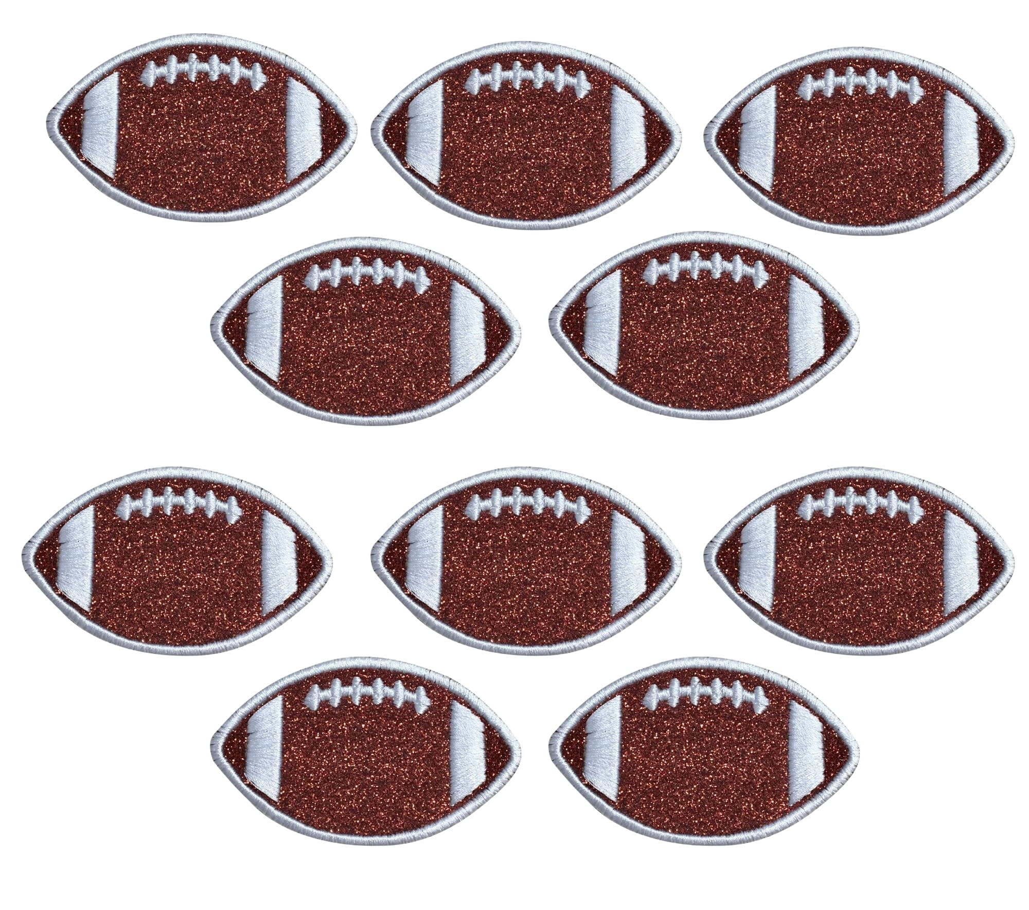 Brown Glitter Football, White Outline/Stitches, Embroidered, Iron on Patch (2 Inch - Set of 10)
