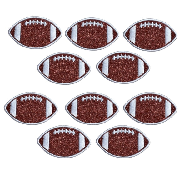 Brown Glitter Football, White Outline/Stitches, Embroidered, Iron on Patch (2 Inch - Set of 10)