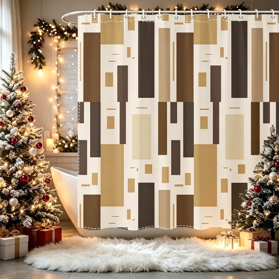 Brown Gold Beige Vertical Geometric Rectangular Block Print Shower Curtain (70.8x70.8inch), Vertical Block Neutral Luxury Geometric Bathroom Accessory