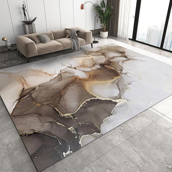 Brown Gold Ink Marble Area Rug, Luxurious Gilt Texture Indoor Rugs, With Anti-Slip Backing Washable Large Carpet For Living Room Bedroom Kitchen Entryway Floor Mat 5x6ft