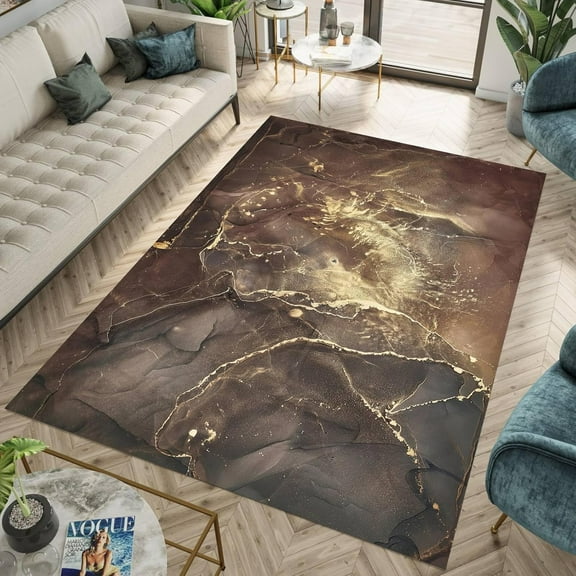 Brown Gold Marble Area Rugs, Abstract Pattern Indoor Area Rug, Vintage Washable Soft Fluffy Large Floor Carpet for Bedroom Living Room Office 2'x3'